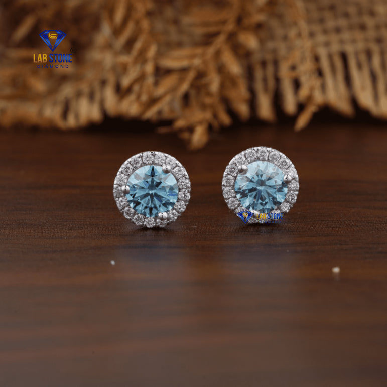 1.32 +Carat Fancy Blue Round Cut Diamond Studs, White Gold, Engagement Earring, Wedding Earring, E Color, VVS2-VS2 Clarity