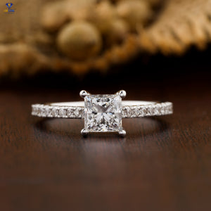 1.18+ Carat Princess and Round Brilliant Cut Diamond Ring, Engagement Ring, Wedding Ring, E Color, VVS2-VS2 Clarity