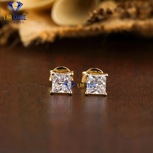 1.35 +Carat Princess Cut Diamond Earring, Yellow Gold, Diamond Stud, Engagement Earring, Wedding Earring, E Color, VVS2-VS2 Clarity