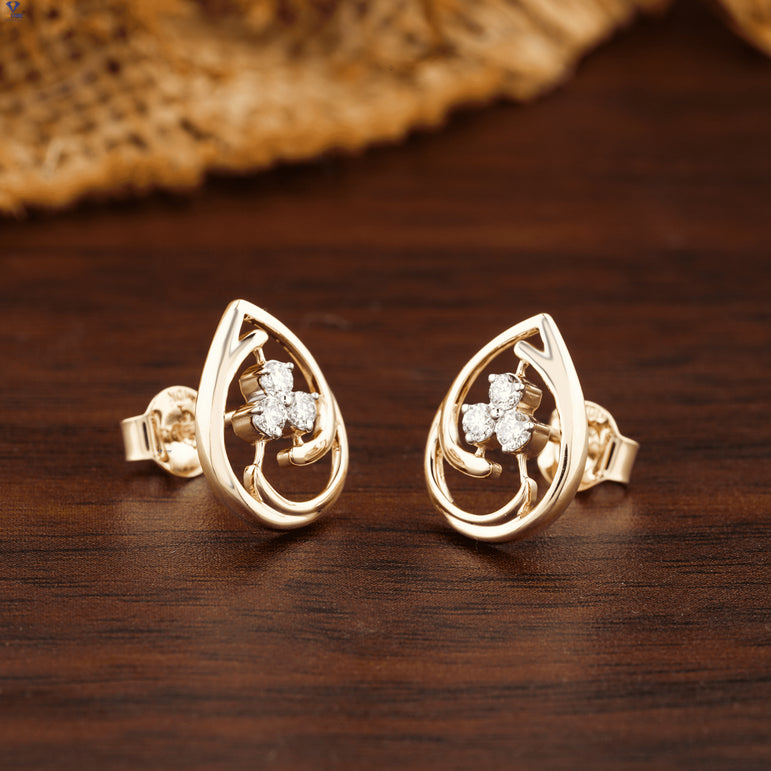 0.21 +Carat Round Brilliant Cut Leaf Diamond Stud, Yellow Gold, Engagement Earring, Wedding Earring, E Color, VVS2-VS2 Clarity