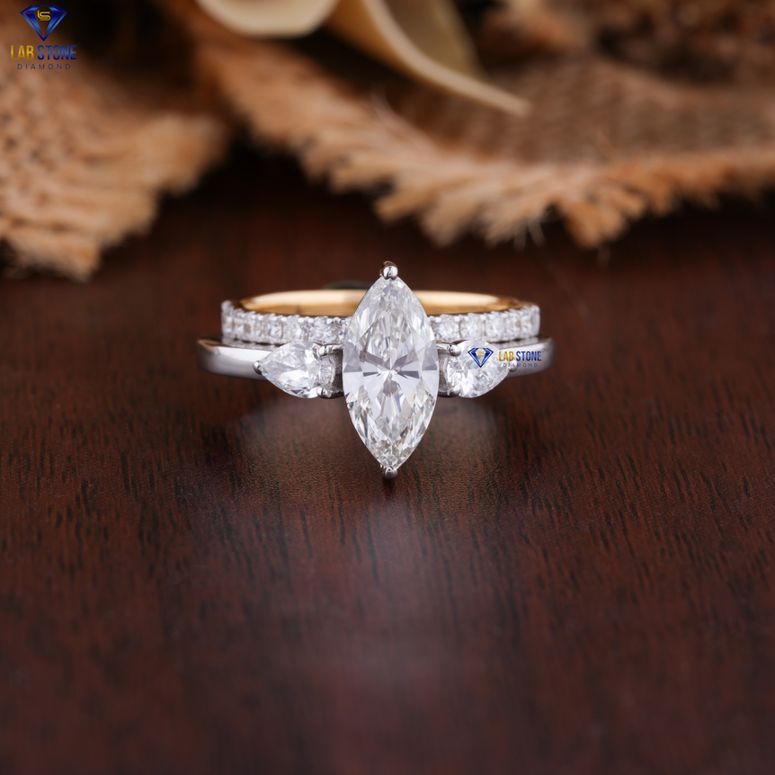 1.89 + Carat Pear,Marquise & Round Diamond White/Yellow Gold ring , Engagement Ring, Wedding Ring, E Color, VVS2-VS2 Clarity